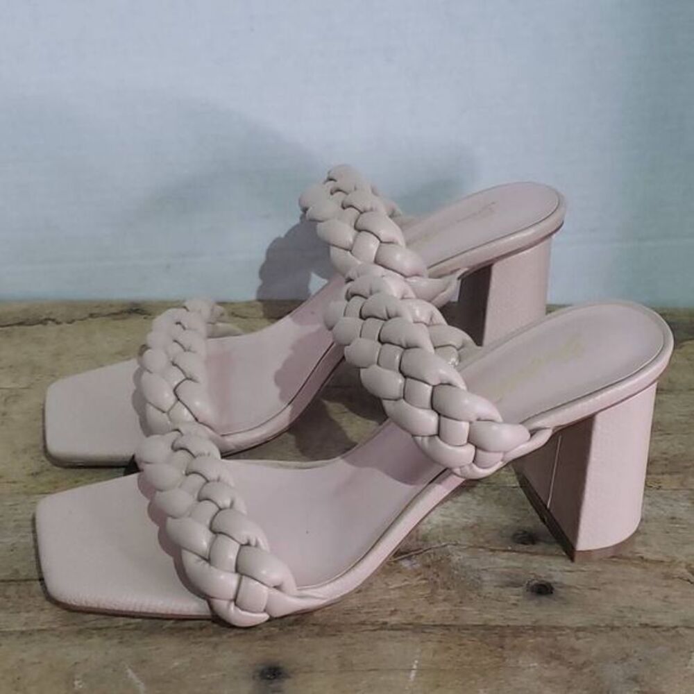 GENSHUO Women Squere Open Toe Heels Braided Two Strap Low Block Chunky Heeled Sa